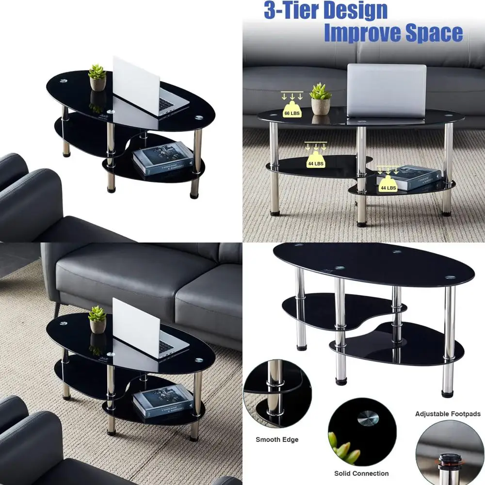 طاولة قهوة زجاجية بيضاوية معاصرة، طاولة جانبية لغرفة المعيشة باللون الأسود مكونة من 3 أرفف