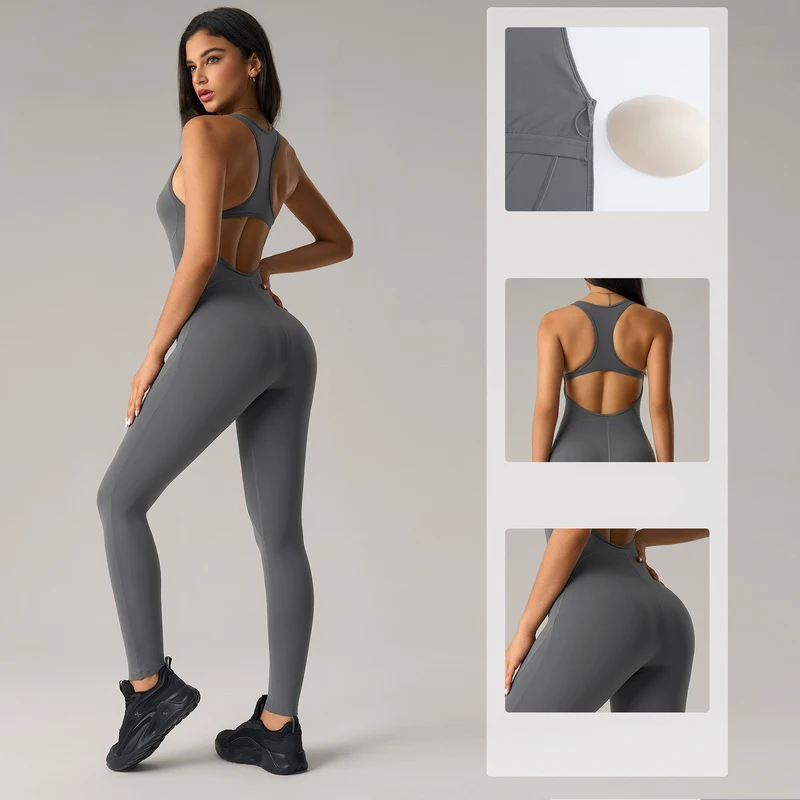 Women's Yoga Fitness Set, Training Yoga Jumpsuit, Crisscross Back Stretch Butt Lifting Workout Bodysuit with Chest Pads 007
