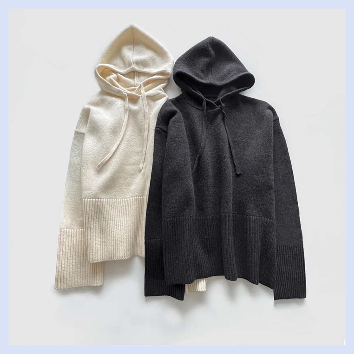 ゆったりとしたニットのワイドスリーブウール生地のドローストリング付きフード付きオーバーサイズニットセーター