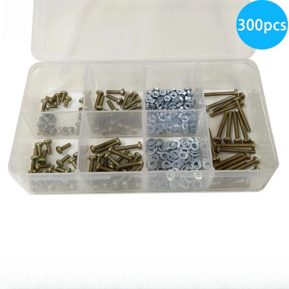 300pcs Color-galvanized Cross Head Bolts Carbon Steel Nut & Bolt Flat Washers M3 Screw & Bolt Assortment Sets Fasteners