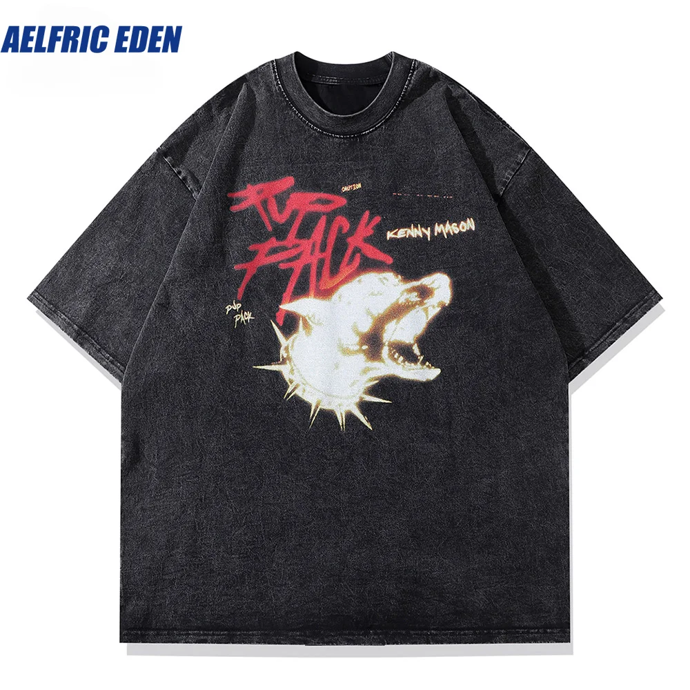 Aelfric Eden Men's Hip Hop T-Shirts Washed Retro Animal Dog Print T Shirt Casual Summer Y2K Punk Tees Unisex Harajuku Streetwear