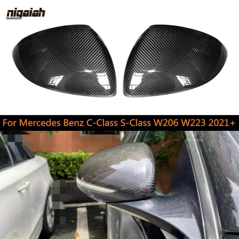 Real Dry Carbon Fiber Mirror Cover For Mercedes New C S Class W206 W223 Sedan 1:1 Replacement & Add On style 2021 2022