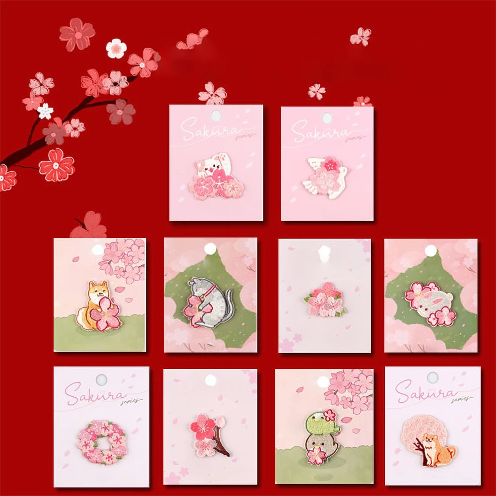 1 pezzo ricamo Sakura Series Animals Stick on Patch, zaino, decorazione, Dog Cat Pig Bird Stickers Applique fai da te