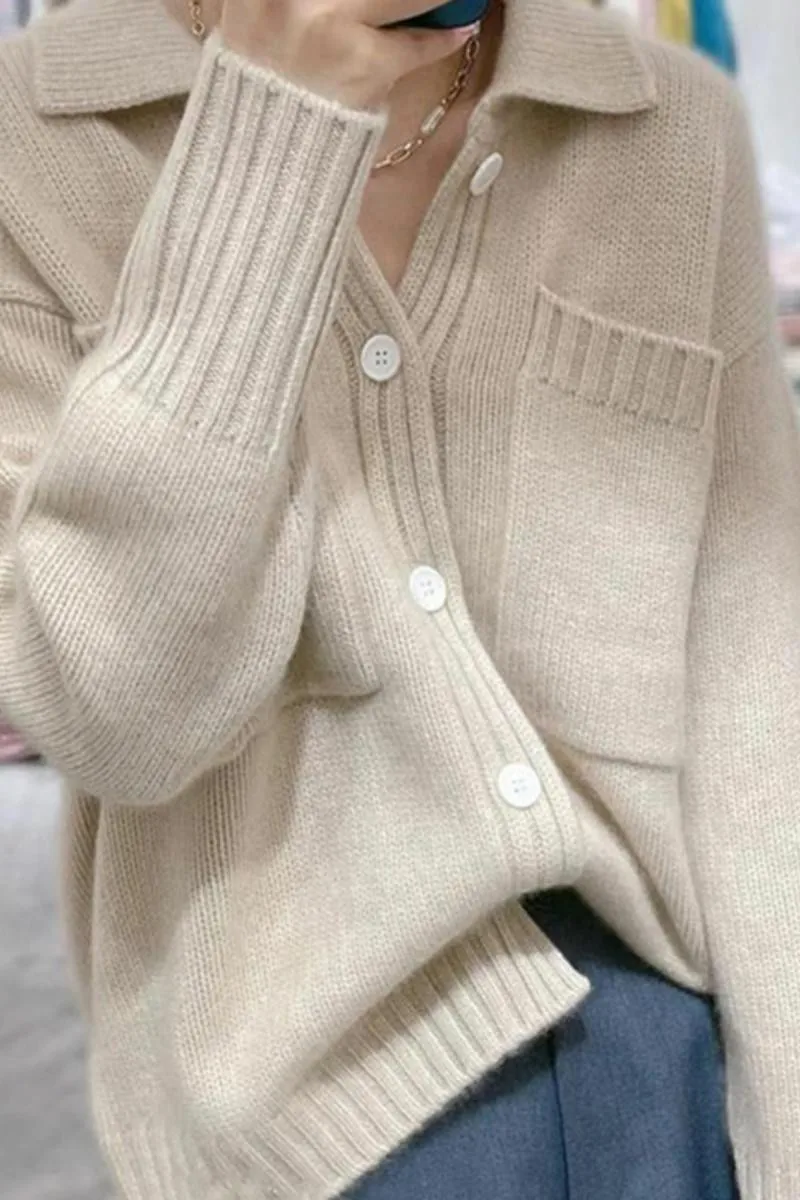 European station POLO neck pocket cashmere cardigan autumn/winter lazy sweater loose knit sweater thick wool coat