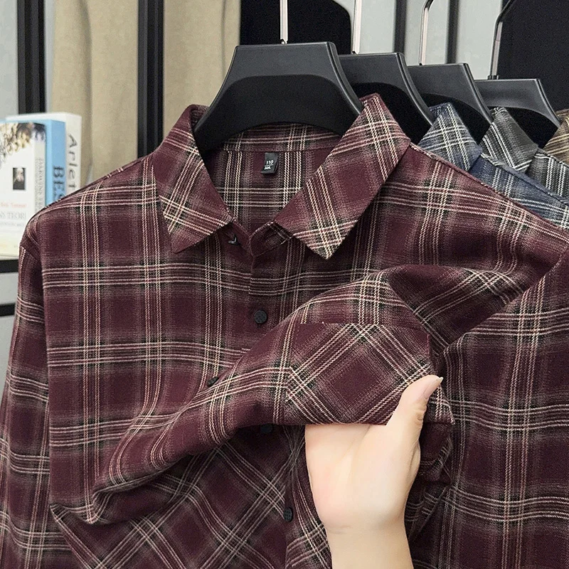

Autumn New Brushed Plaid Pure Cotton Shirt Top Retro Versatile Long Sleeved Plaid Shirt Men's Wear