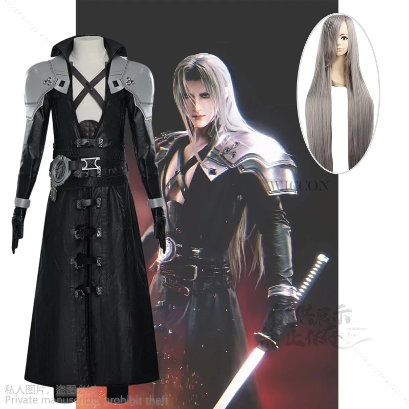 FF7 Sephiroth Cosplay Costume Black Fantasy Leather Coat And Long Grey Wig Cosplay Uniform Suit Full Set Roleplay Halloween Suit