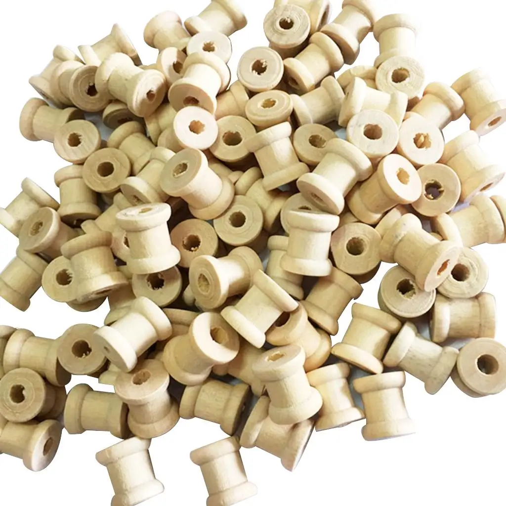 100pcs Natural Color Wooden Empty Thread Spools for Thread String Ribbons Wires Coils DIY Roller 14mmx12mm