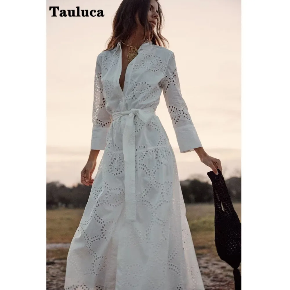 2023 Spring Summer Women White Shirt Beach Style Dress Ladies Single-breasted Embroidery Belt Hollow Out Bohemia Midi Dress