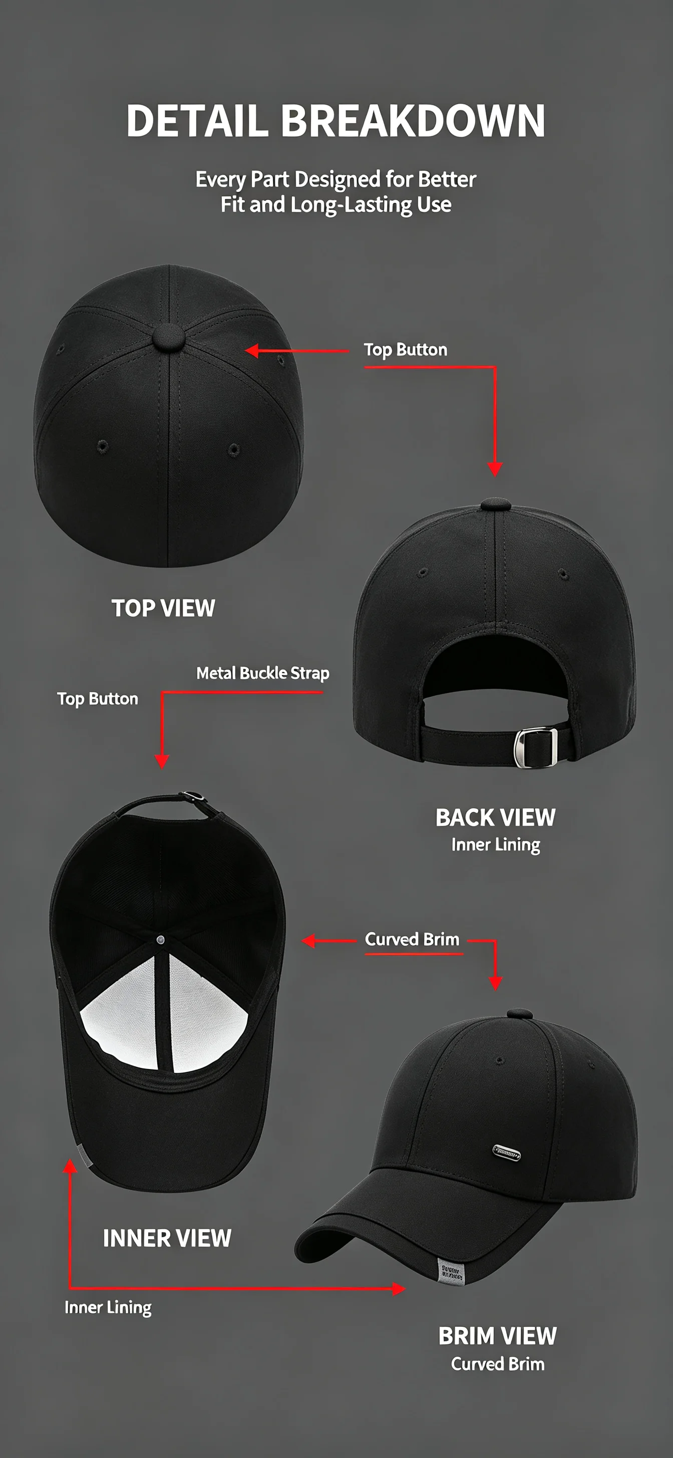 Men's Baseball Hat Hard Top Spring Autumn Big Head Circumference Cotton Cap Sun Protection Dad Cap Adjustable Strap Fishing Hat