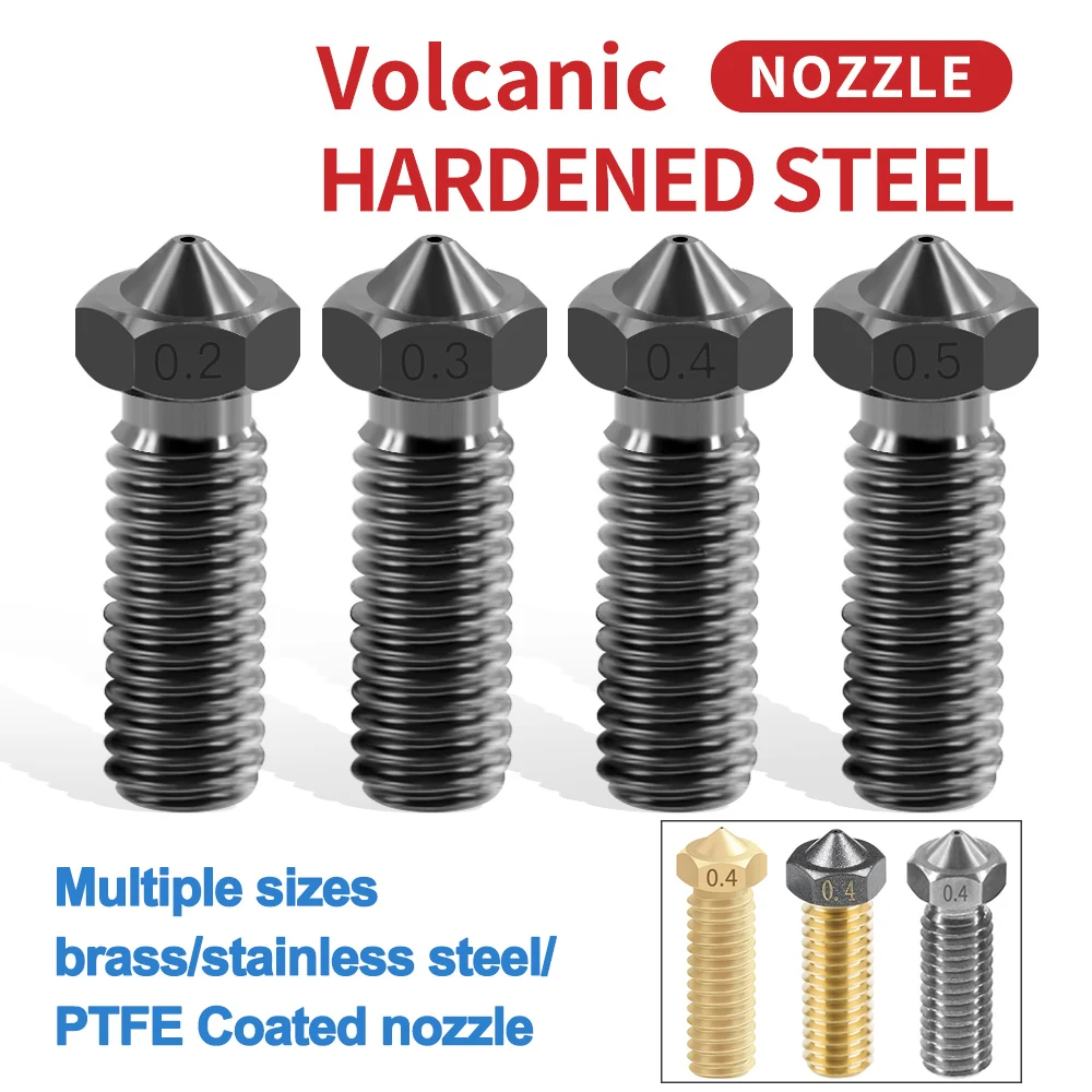 High Quality 2PCS E3D Volcano Hardened Steel Nozzle 3D Printer Part Hotend M6 Brass/Stainless Steel/PTFE Coating Volcanic Nozzle