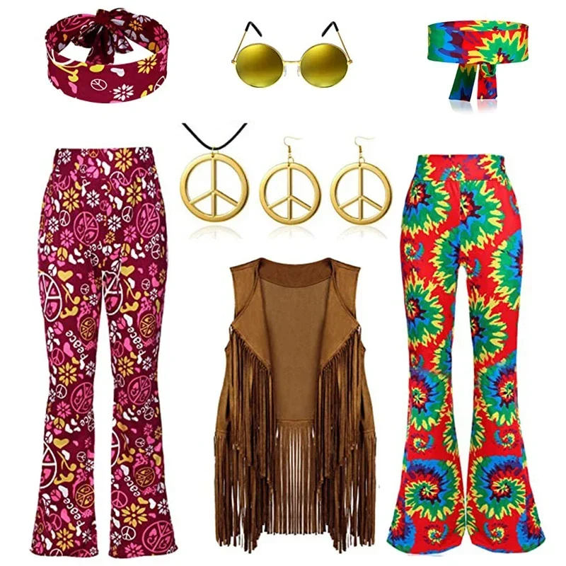 히피 디스코 60년대 70년대 코스프레 의상 여성 평화 사랑 소녀 엉덩이 인도 술 히피 조끼 카디건 할로윈 카니발 파티