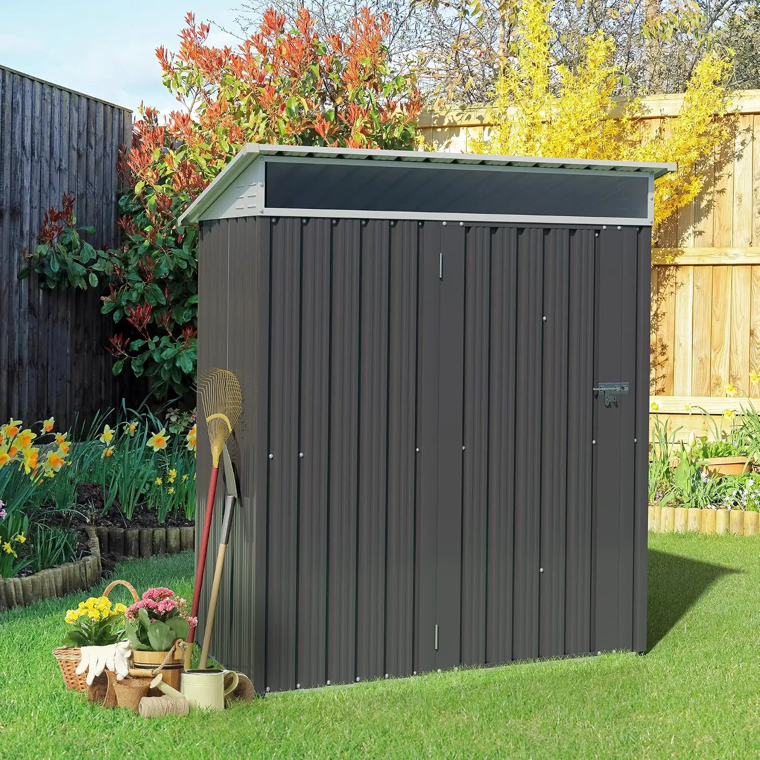 Outdoor Storage Shed Metal Garden Tool House With Large Window And Lockable Door Anti Corrosion Waterproof Utility Shed For Backyard Patio Lawn Dark Gray