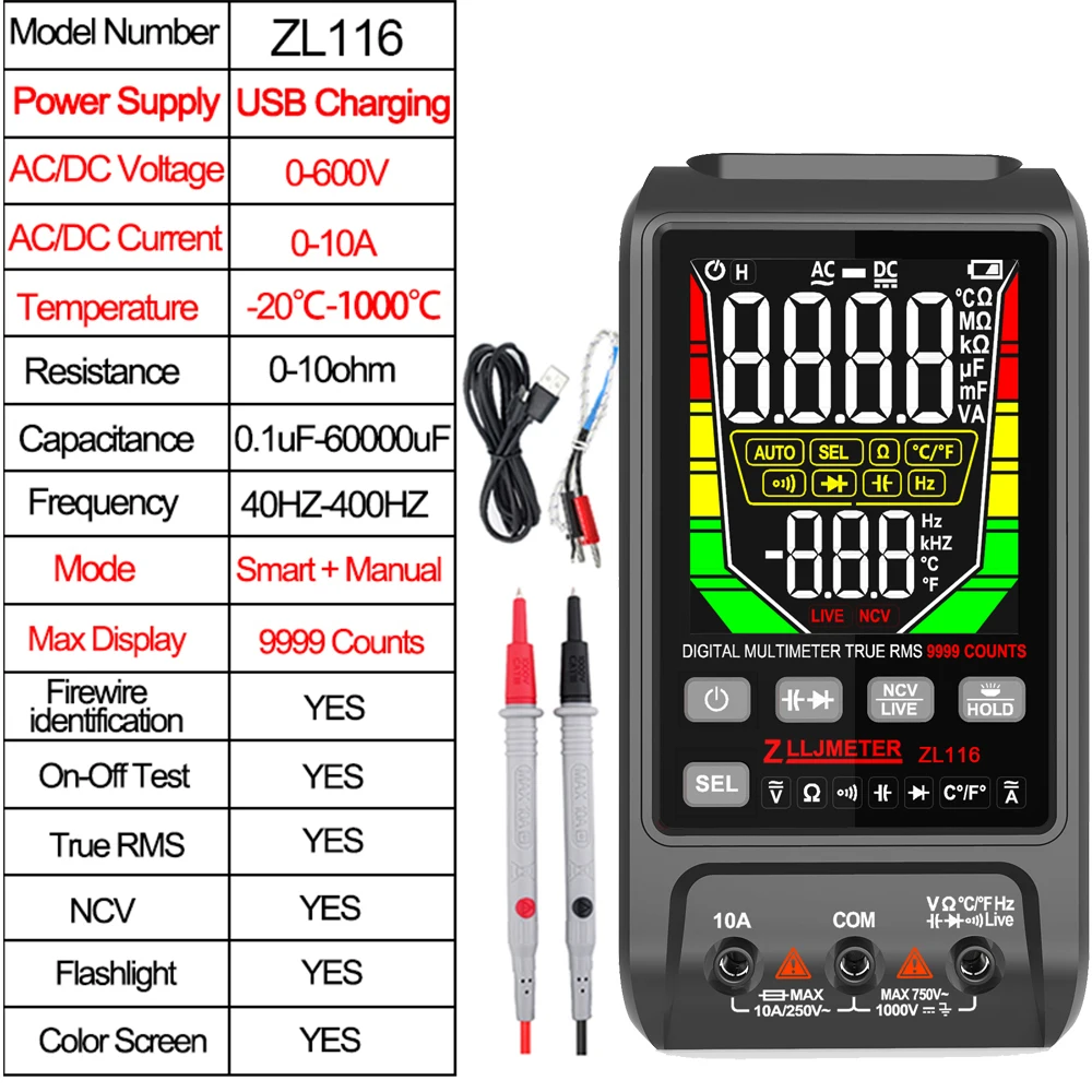 ZL116 Smart  Multimetro Voltage Tester Current Capacitance Ohm NCV Temp Hz Auto Range Electrical Instrument USB Charge