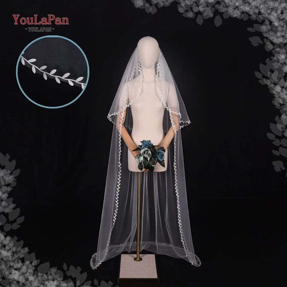 YouLaPan-V141 2 단 신부 베일, 우아한 웨딩 베일, 블러셔 프렌치 알렌콘 레이스 커버, 앞뒤 타원형 화이트 신부