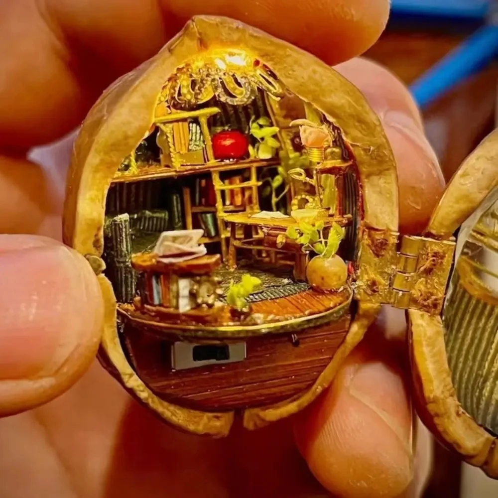 Walnut Shell Dollhouse Tiny World Inside Walnuts Resin Miniature Dollhouse Kit Handmade Mini Library 3D Children\'s Toy Gift
