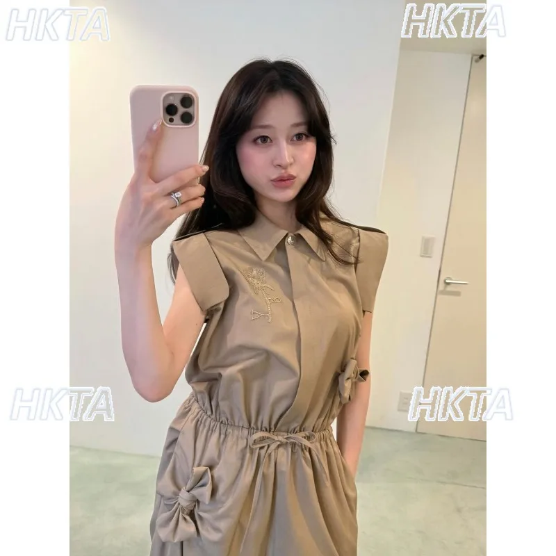 Japanese Bow Sleeveless Shirt Jumpsuits for Women Lapel Collar Waist Drawstring Wide Leg Tooling Jumpsuit Commuter Trousers