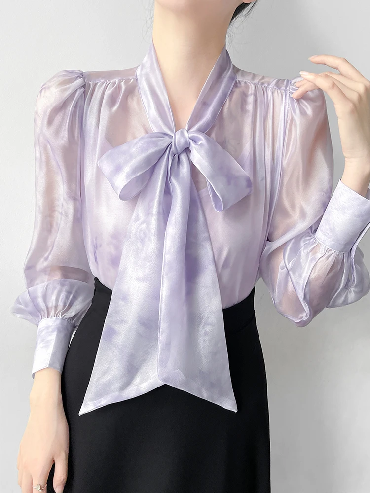 

Корейская шифоновая блузка с принтом и узлами, женская летняя тонкая легкая блузка с длинными рукавами Maturi Aosphere