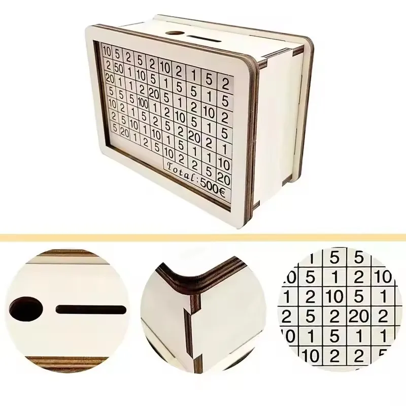 Wooden Money Box with Savings Goal and Numbers Reusable Money Storage Case for Adults Child Piggy Bank Crafts Money Saving Box