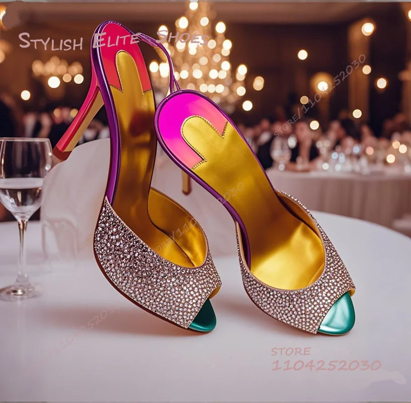

Gold Crystal Colorful Peep Toe Slippers Diamond Stiletto Luxury Sandals for Girls Slingback Purple Heels Stiletto Sugarbaby Shoe