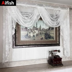 White Lace Flowers Sheer Wavy Valance Curtain Luxury Beaded Floral Waterfall Scallop Curtain for Living Room Bay Window Drapes