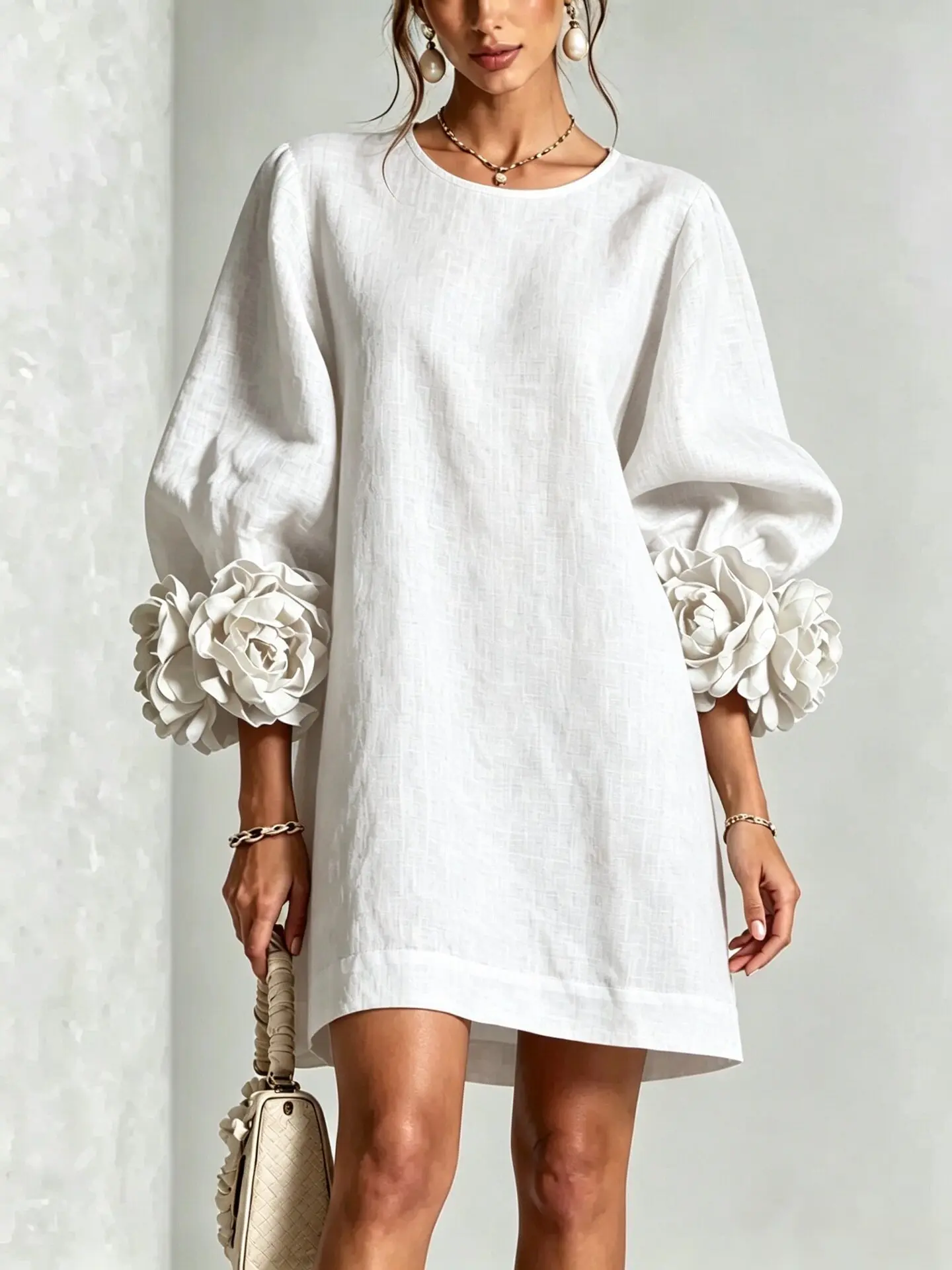 Women Women Linen Shift Mini Dress Round Neck Puff Long Sleeve Dress 3D Floral Cuff Decor Casual Elegant Short Tunic Dress for Party - Aliexpress Deal