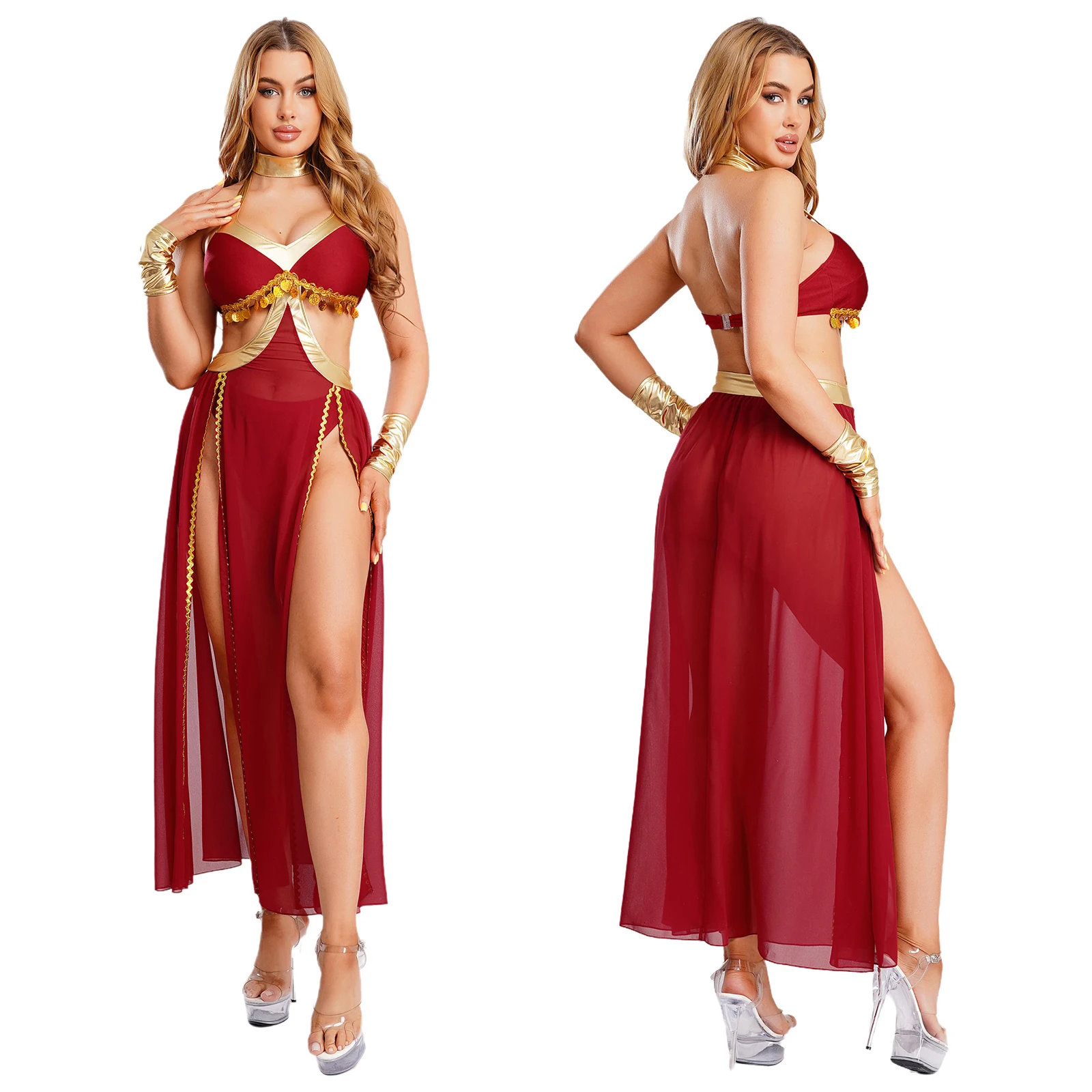 

Женский сексуальный костюм для танца живота: платье с пайетками, вырезом на шее, высоким разрезом, трусики, чокер, браслет, индийский танцевальный костюм