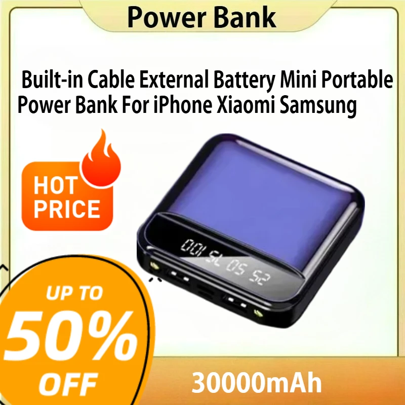 

30000mAh Ultra Fast Charging Power Display Built-in Cable External Battery Mini Portable Power Bank For iPhone Xiaomi Samsung