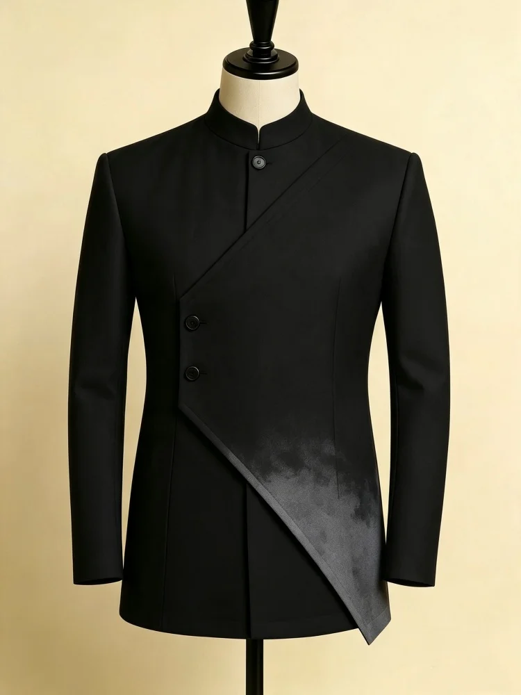 Men Asymmetric Diagonal Button Single Blazer Slim Fit Gradient Ink Pattern Stand Collar Fashion Ceremony Outer Coat