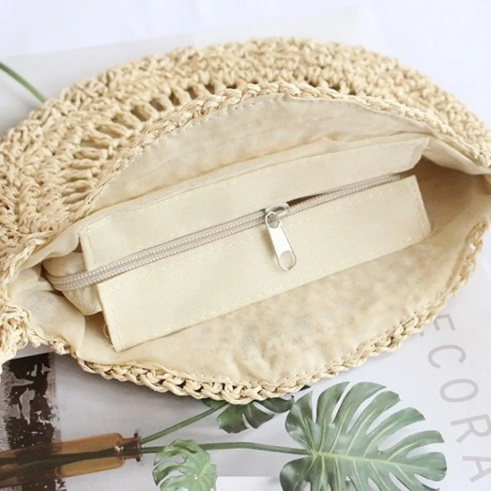 

New Straw Material Shoulder Bags Hollow Out Beige Brown Messenger Bag Tassel Decor Round Shape Crossbody Bag for Summer