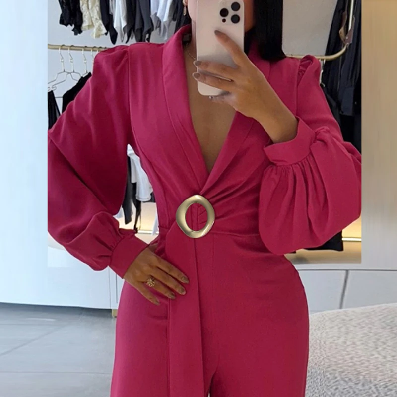 

New Temperament Party Romper Simple Solid Color High Waist Office Playsuit New 2025 Autumn Long Sleeved Women's Casual Jumpsuit