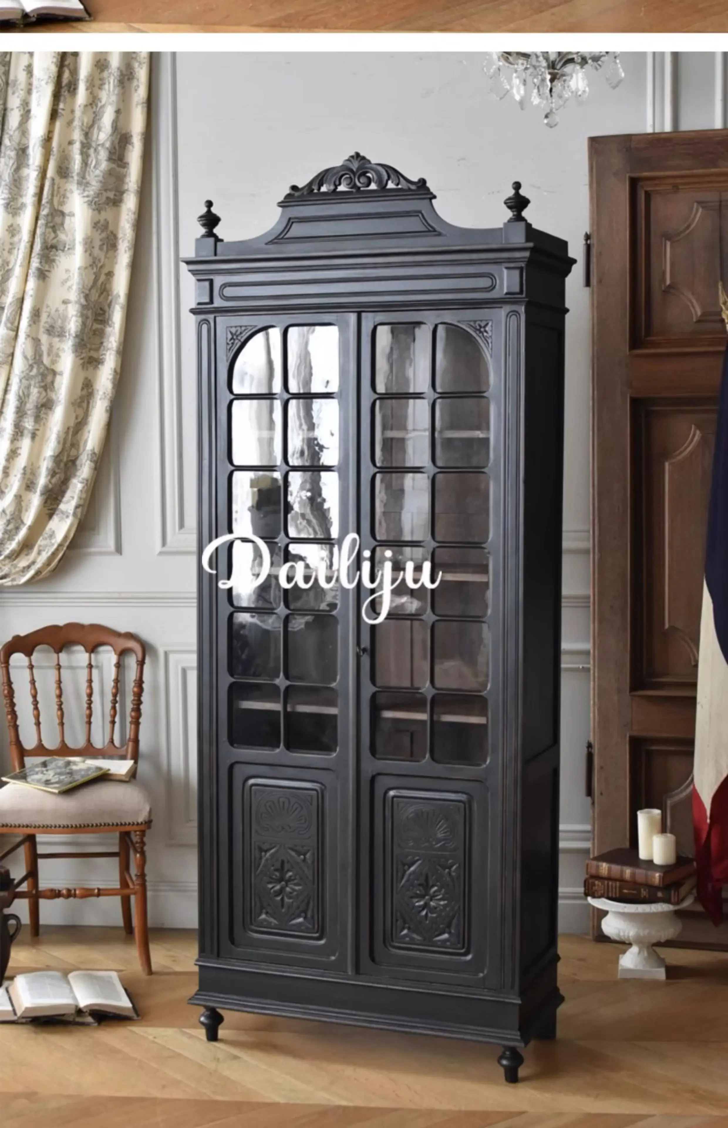 

American solid wood wine cabinet French retro medieval style dining side cabinet living room wall display cabinet