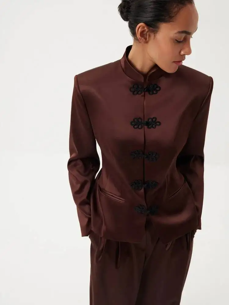 Blazer court décontracté TOKO pour femme, style chinois, col mandarin, boutons grenouille, collection Printemps-Été 2026, tendance et élégant
