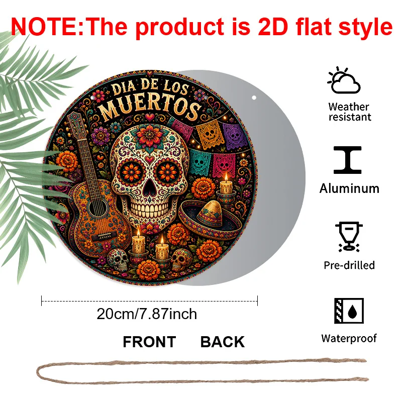 2D Flat, 1pc Spanish Halloween & Dia De Los Muertos Dual Use Decor Aluminum Hanging Sign, Mexican Sugar Skull Guitar Papel