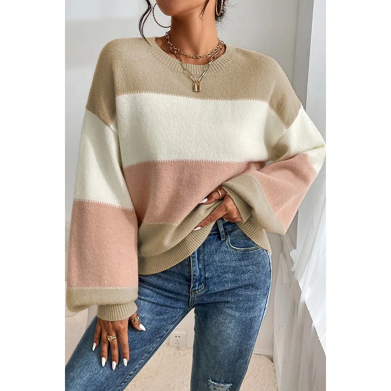 2024 Winter Women's Striped Colorblock Knit Sweater with Lantern Sleeves Pullover Casual Loose Fit