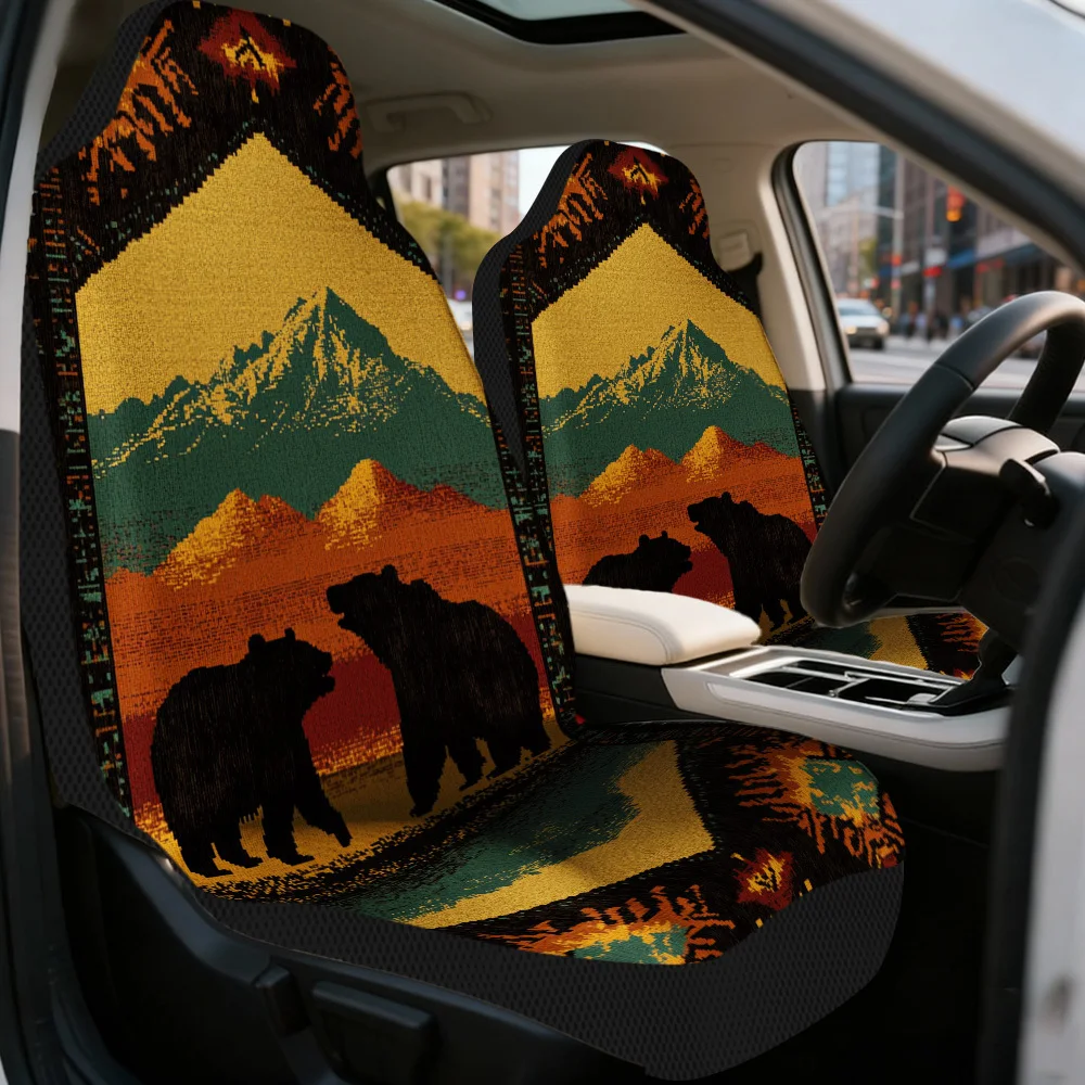2pcs Car Seat Covers Set, Bears And Mountains Design Print, Fashionable Vehicle Seat Covers. Fits Holiday Hometown Trips, Daily