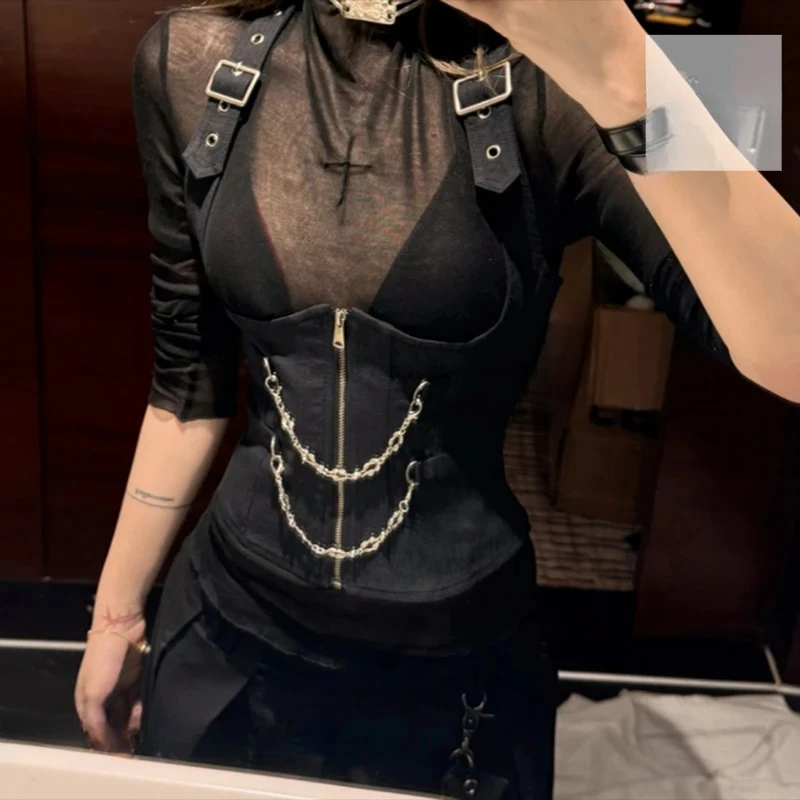 

Korean sweet and cool spice girl slim neck strap strapless outside wearing waist gothic vest blouse female two-piece suit.