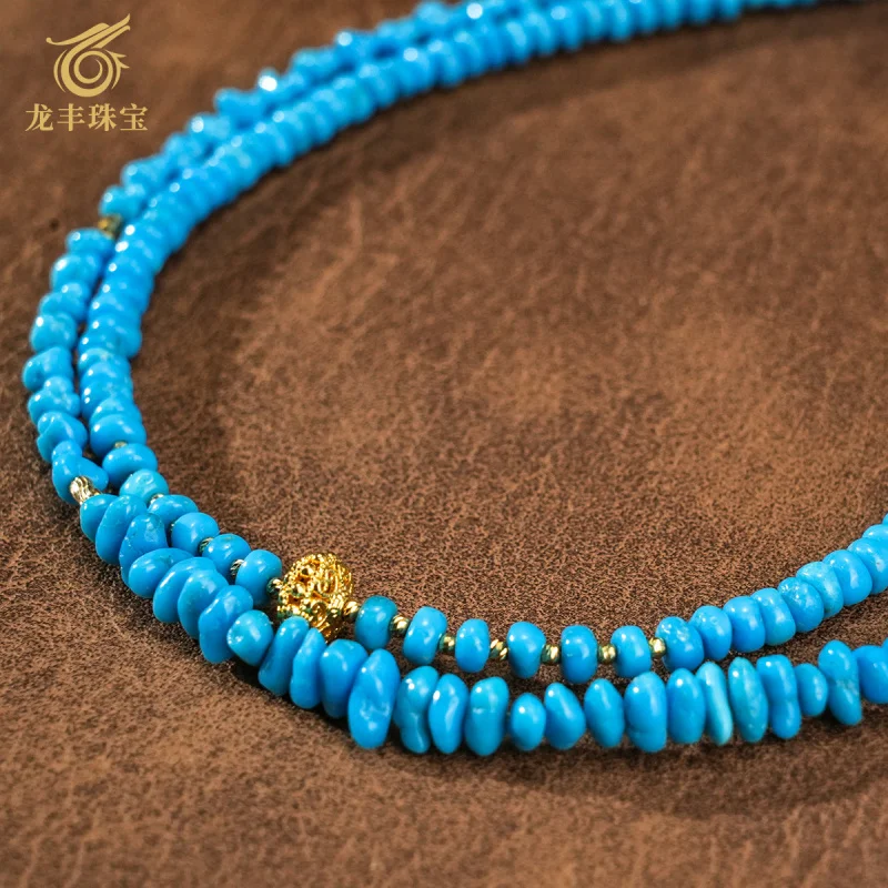 18K Gold Necklace with Natural Turquoise and Small Rice Beads, Clavicle Chain