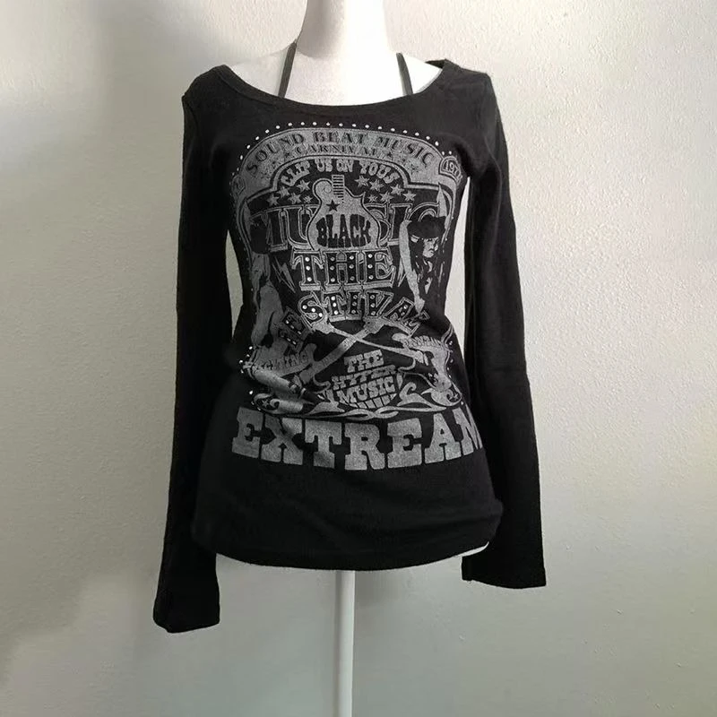 الأمريكية تي شيرت ريترو كم طويل سليم صالح المرأة عادية اليابانية ثقافة فرعية Y2K خمر القوطية تيز الخريف الإناث شيك القمم