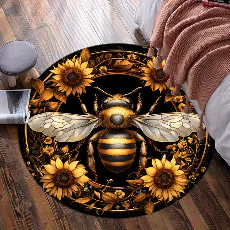 Bee & Sunflower Round Crystal Velvet Rug – Nature-Inspired Art Mat for Living Room & Bedroom