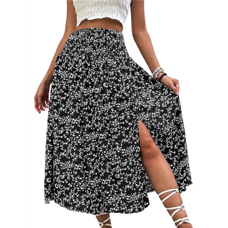 Hot Kf-Women's Print Long Skirts High Waist Split A Line Full Length Maxi Skirt