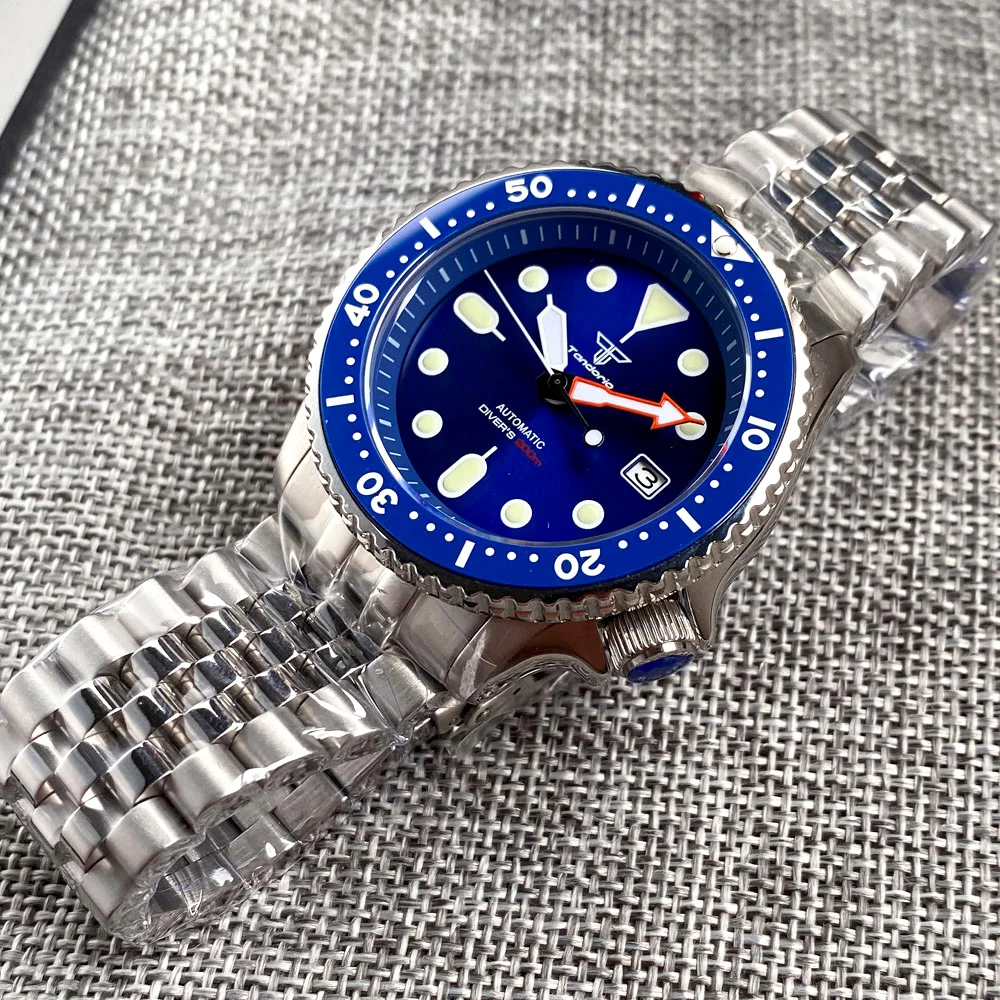 Imagem -04 - Relógio de Mergulho Mecânico para Homens Moldura Azul Mão Laranja Modelo Skx 3.8 Crown Nh35 Movt 120 200m Relógio à Prova Dágua Tandorio-nh35a