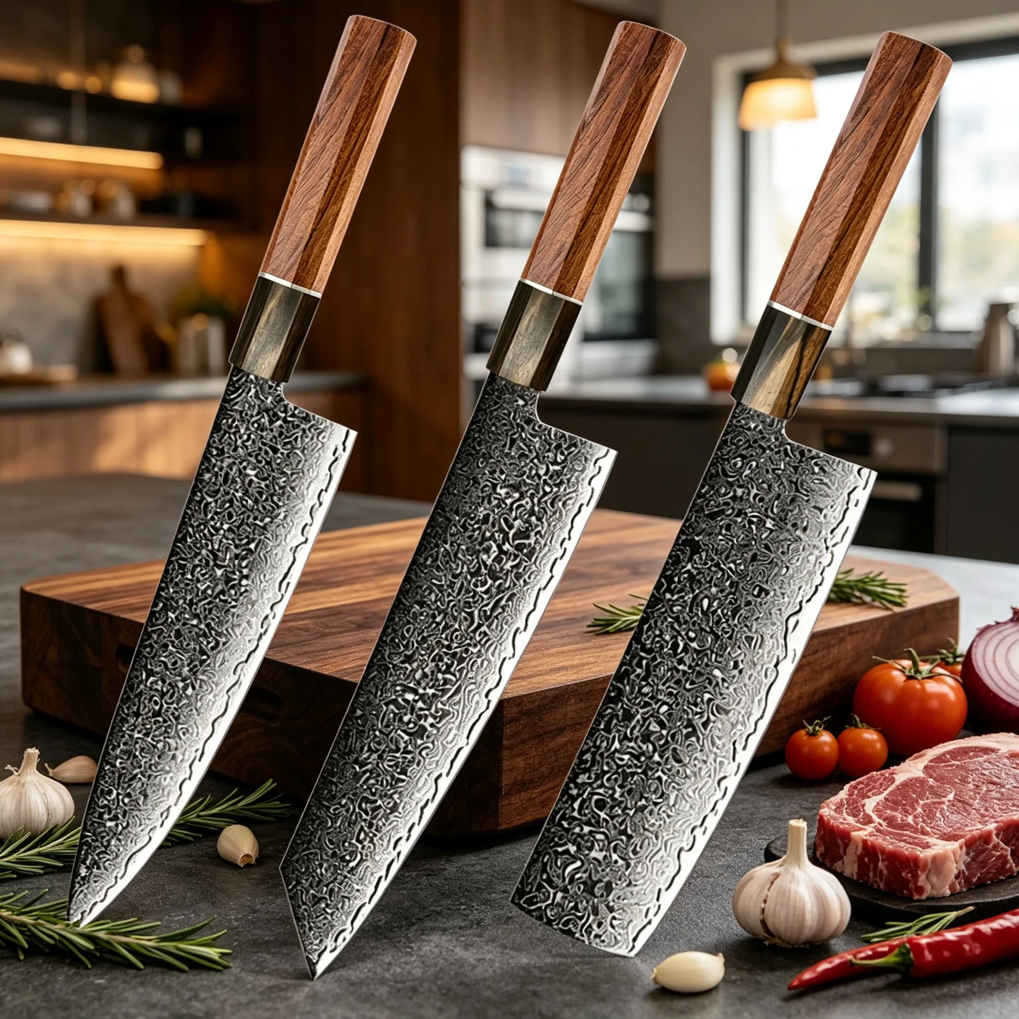 Highend Japanese kitchen knife Damascus steel with laser patterned blade walnut octagonal handle versatile kitchen cooking knife