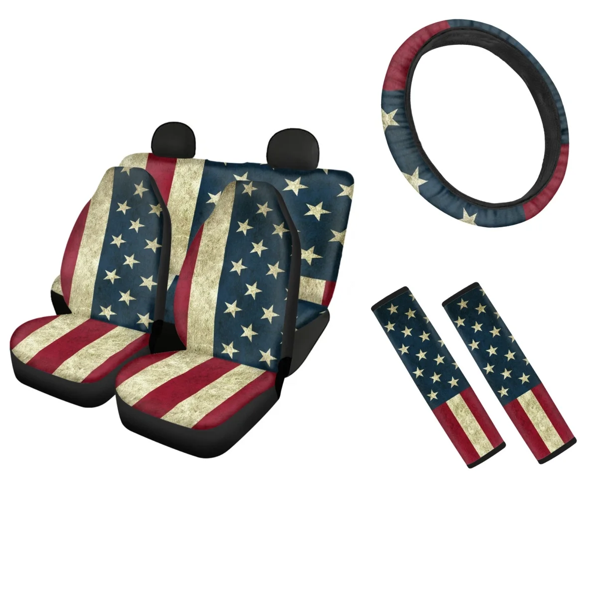 

American Flag Design Front&Back Car Seat Covers Universal 6pcs Set Durable Sedan Steering Wheel Cover Comfortable Seatbelt Cover