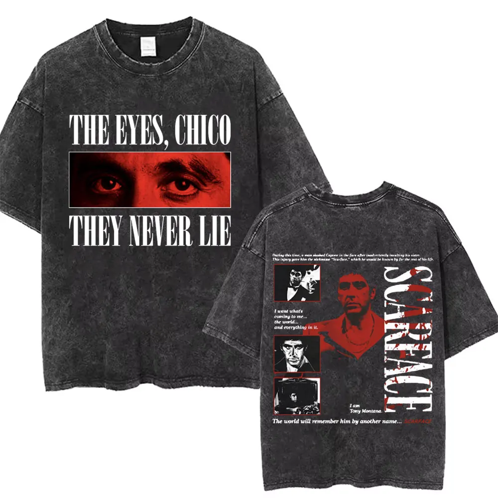 العصابات تي شيرت رجالي في التسعينيات سكارفيس على الوجهين تي شيرت مطبوع توني مونتانا آل باتشينو خمر غسلها تي شيرت #1