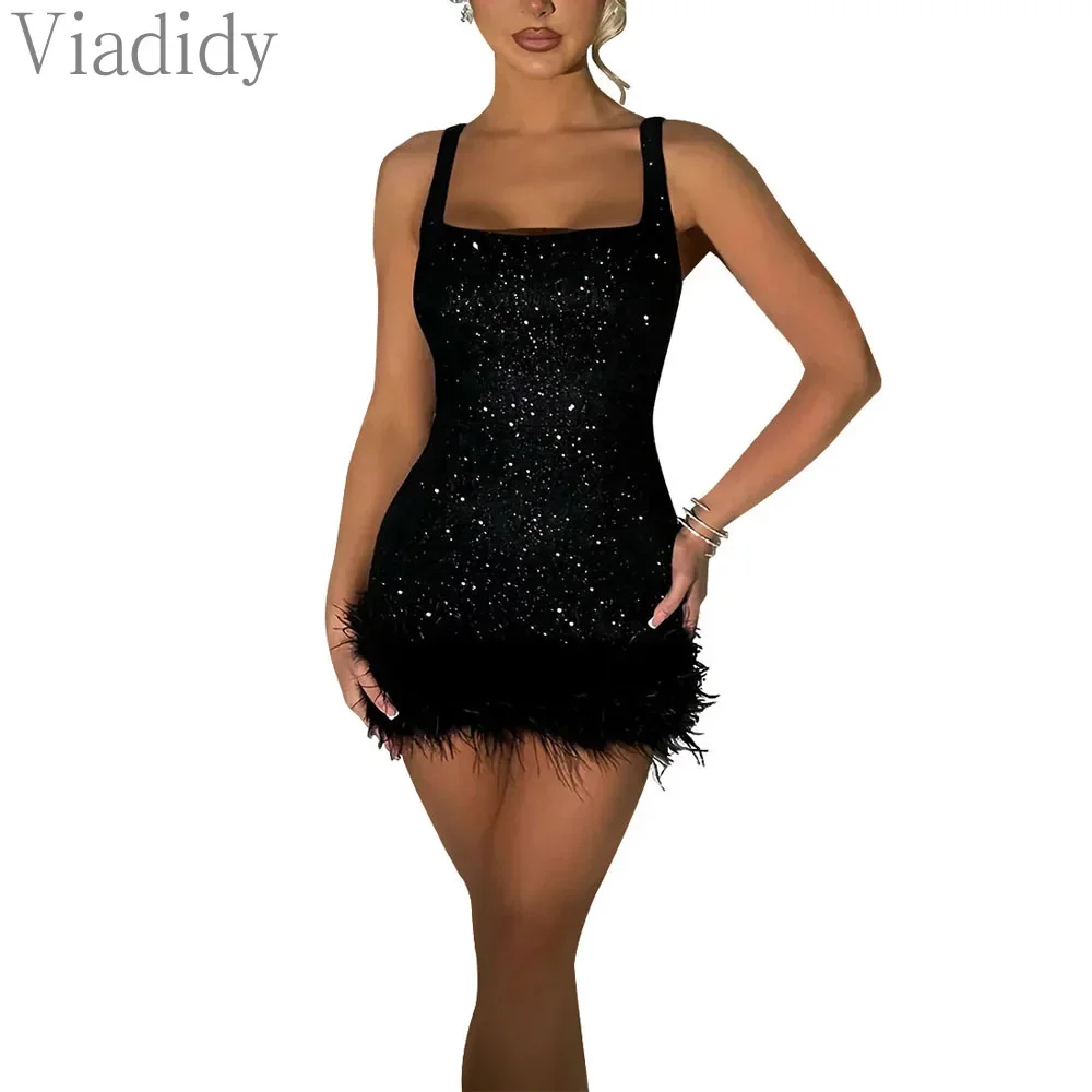 

Women Sexy Solid Color Spaghetti Strap Sequin Decor Feather Decor Mini Party Dress