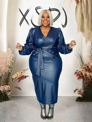 Winter Blazer and Skirt Set 3xl 4xl Plus Size Lady 2 Piece Sets Womens Outfits Elegant Stretchy Pu Leather Skinny Matching Sets