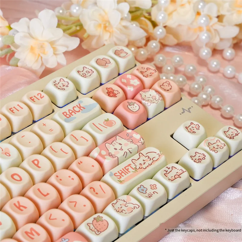 A95Q-Cat Cartoon Anime PBT Keycaps MOA Profile For MX Switch Mechanical Keyboards Pink Cartoon Custom Dye Sub Accessories
