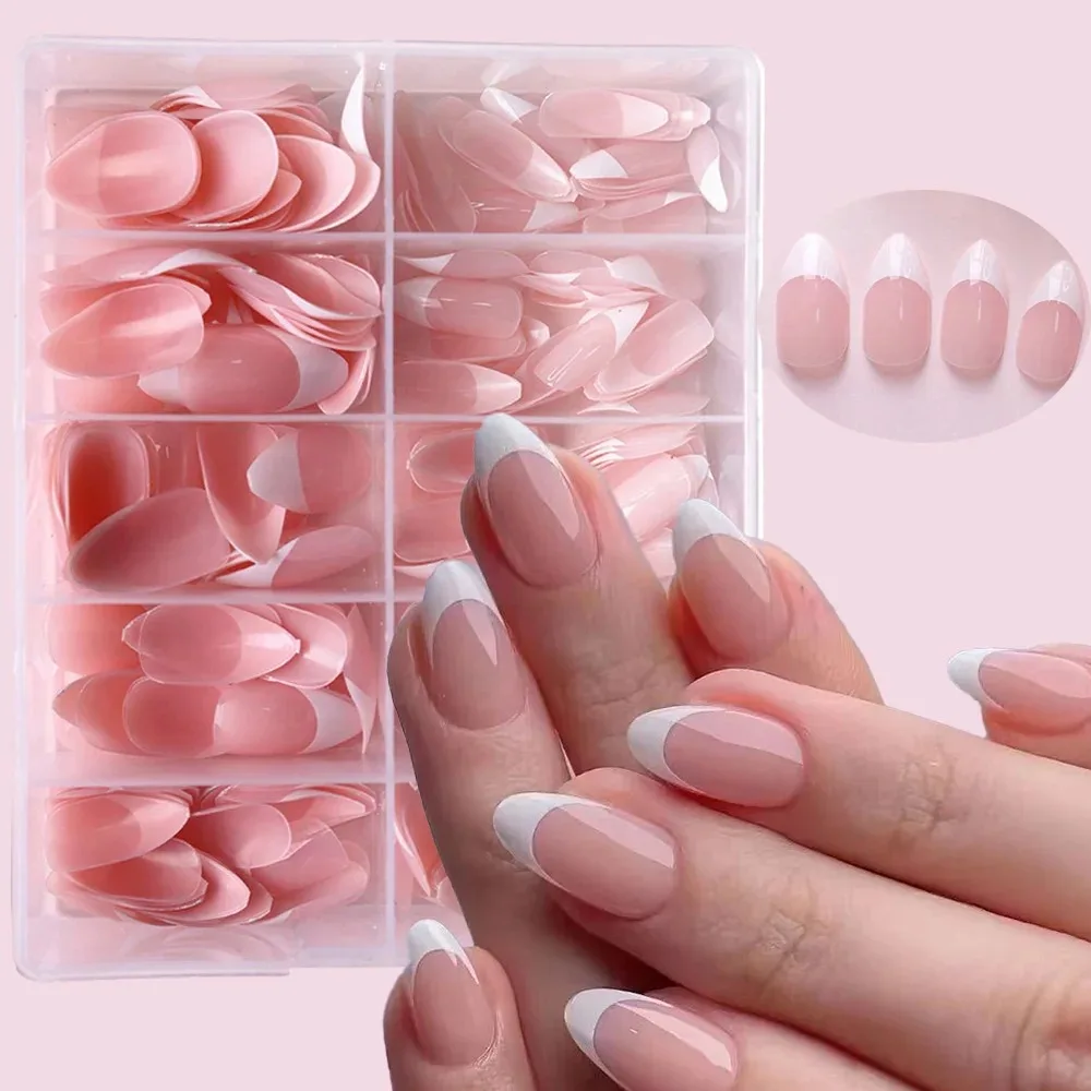 

360Pcs/box Glossy Soft Gel Pink French Nail Tips Medium Almond White Simple Press On Nails 10Grids Huge Capacity False Nails*&