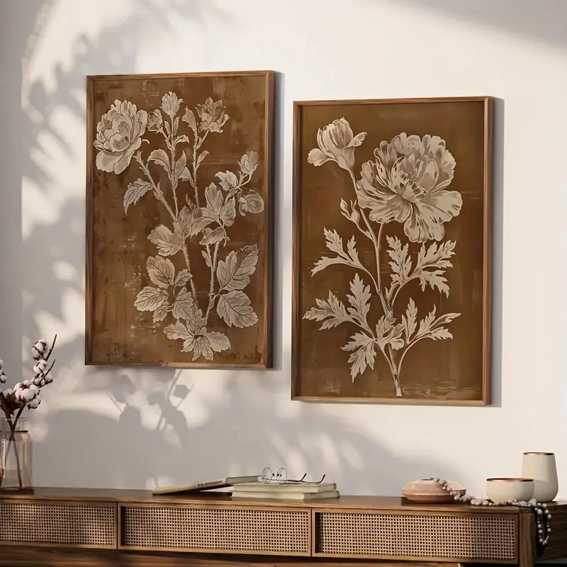 

2pcs/Set Retro Floral Wall Art, Burnt Orange Printed Poster, Small House, Farmhouse Wall, Antique Home Room Decoration
