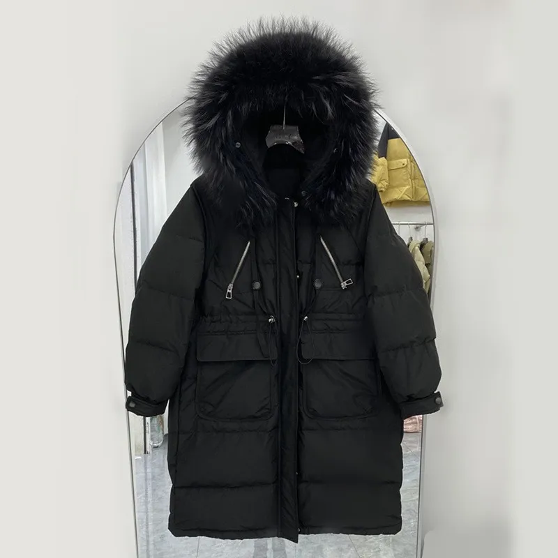 겨울 신상 여성용 다운 재킷 출퇴근용 후드 루즈핏 따뜻한 퍼 칼라 화이트 덕 다운 파카 코트